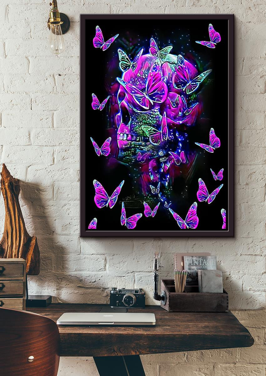 Colorful Glitter Skullcap And Butterflies Watercolor Wall Art Gift For Memorial Day Framed Canvas Framed Prints, Canvas