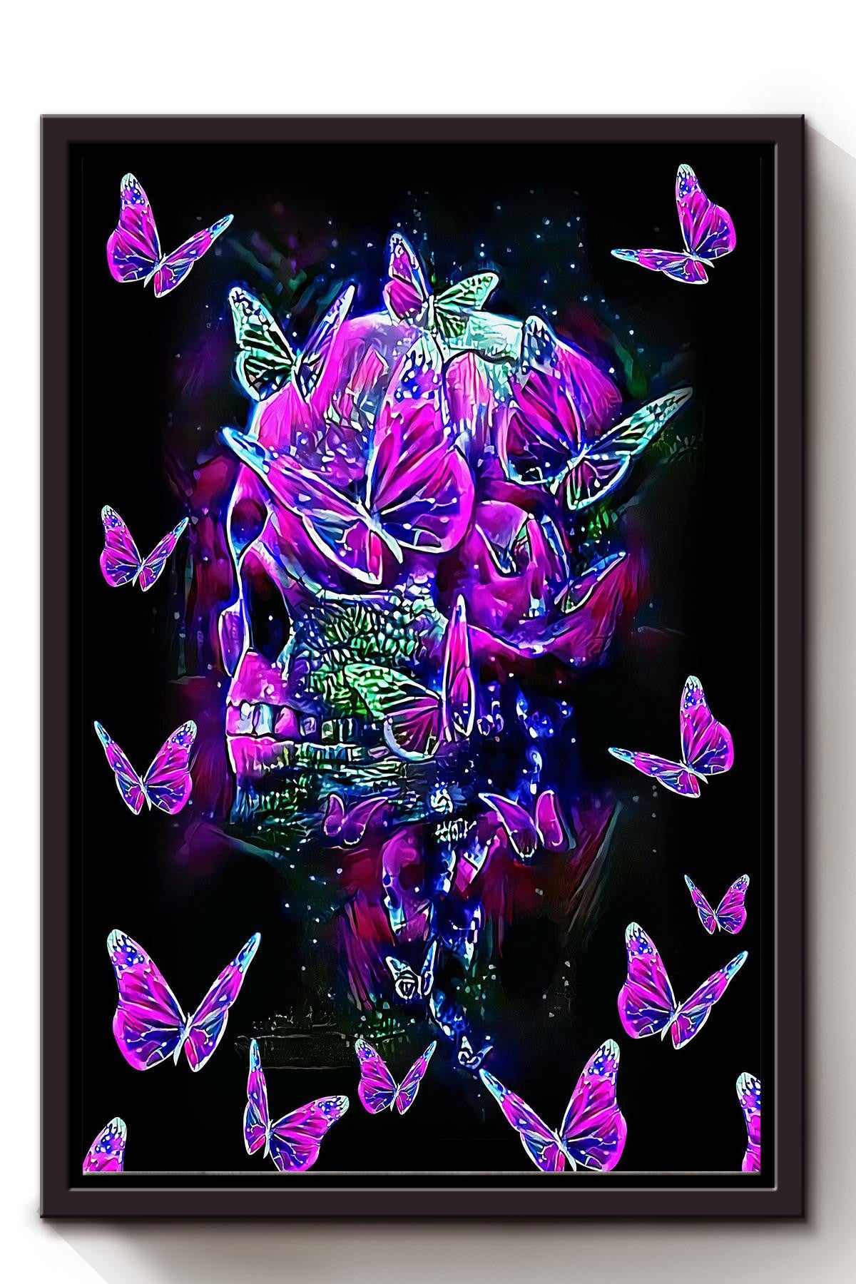 Colorful Glitter Skullcap And Butterflies Watercolor Wall Art Gift For Memorial Day Framed Canvas Framed Prints, Canvas