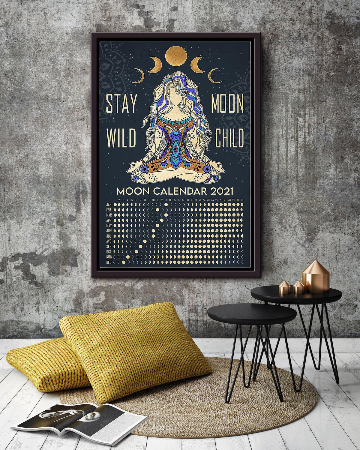 Moon Calendar Hippie Soul Print For Vintage Yoga Girl Gift Framed Canvas