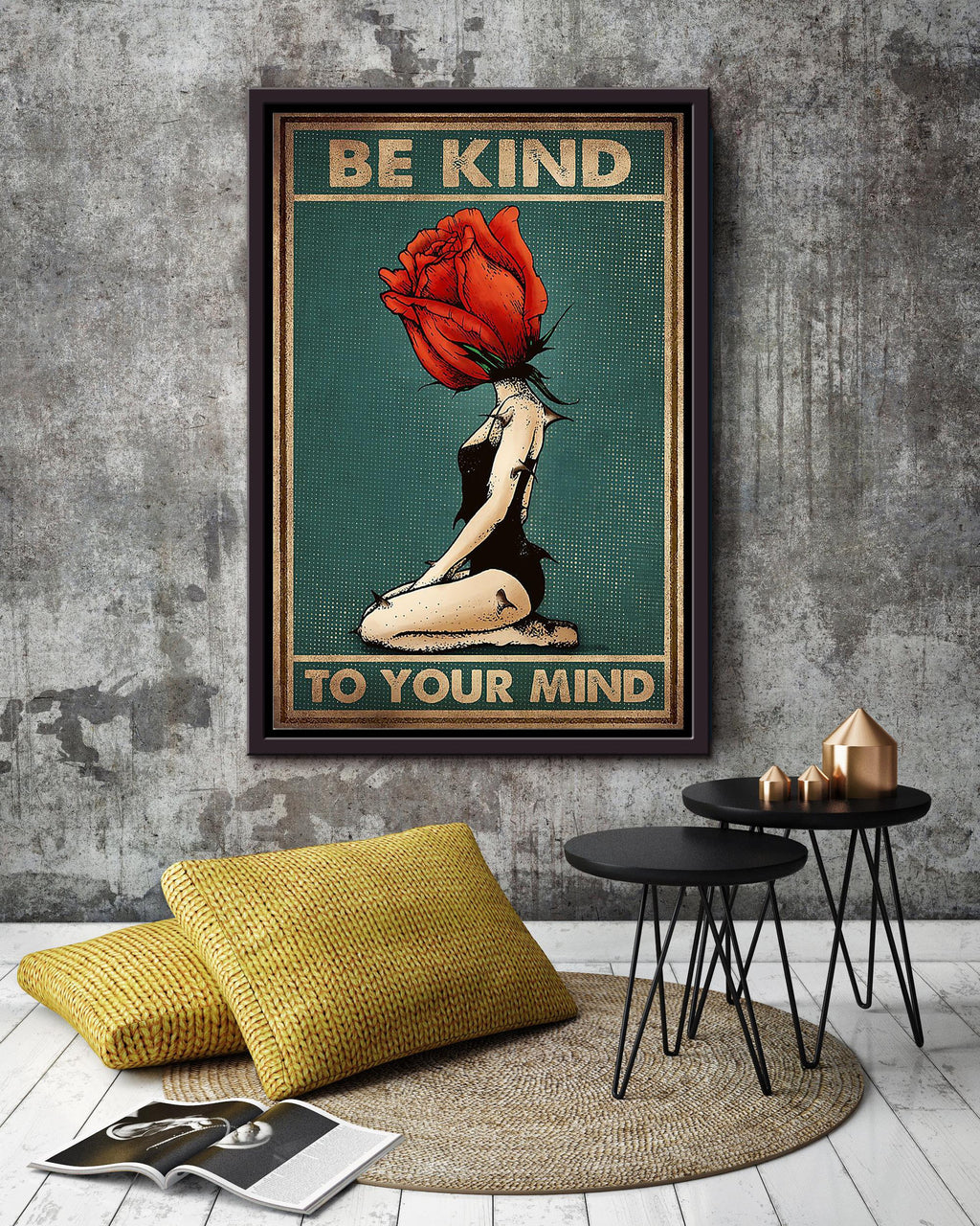 Be Kind To Your Mind Self Help Wall Art Motivation Gift For Girl Therapist Flowers Lover Home Decor Framed Canvas Framed Prints, Canvas