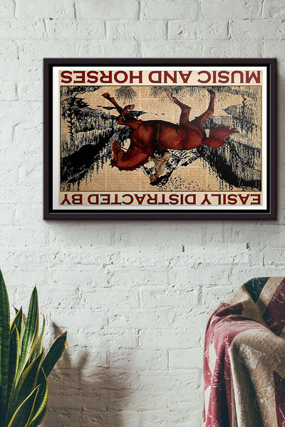 Easily Distracted By Music And Horses Vintage Poster n Framed Matte Canvas
