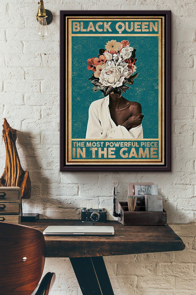 Black Queen The Most Powerful Piece In Game Flowers Poster - Decor Wall Art - Gift For Black Girl Black Women Womens Day Black People Framed Matte Canvas Framed Prints, Canvas