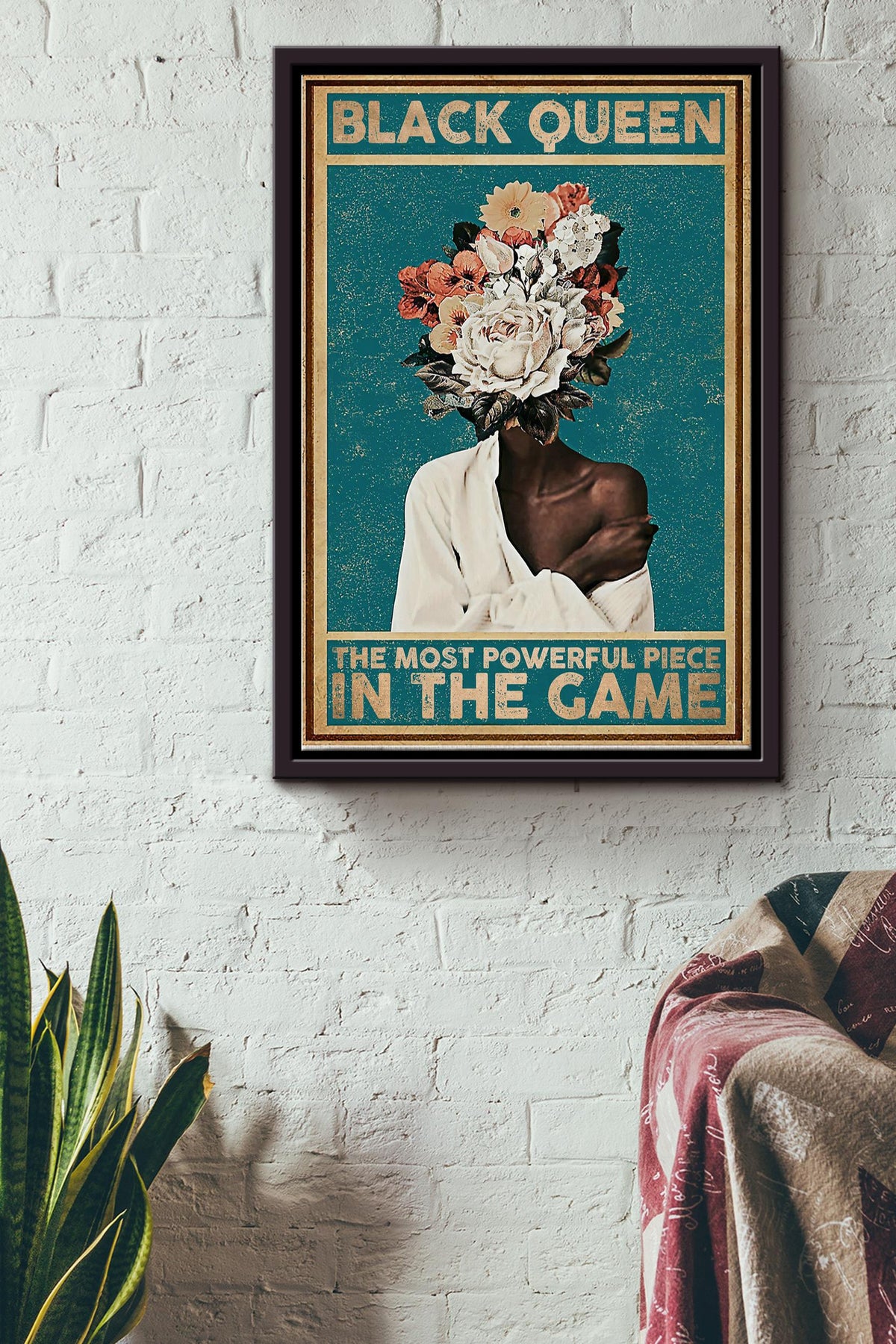 Black Queen The Most Powerful Piece In Game Flowers Poster - Decor Wall Art - Gift For Black Girl Black Women Womens Day Black People Framed Matte Canvas Framed Prints, Canvas