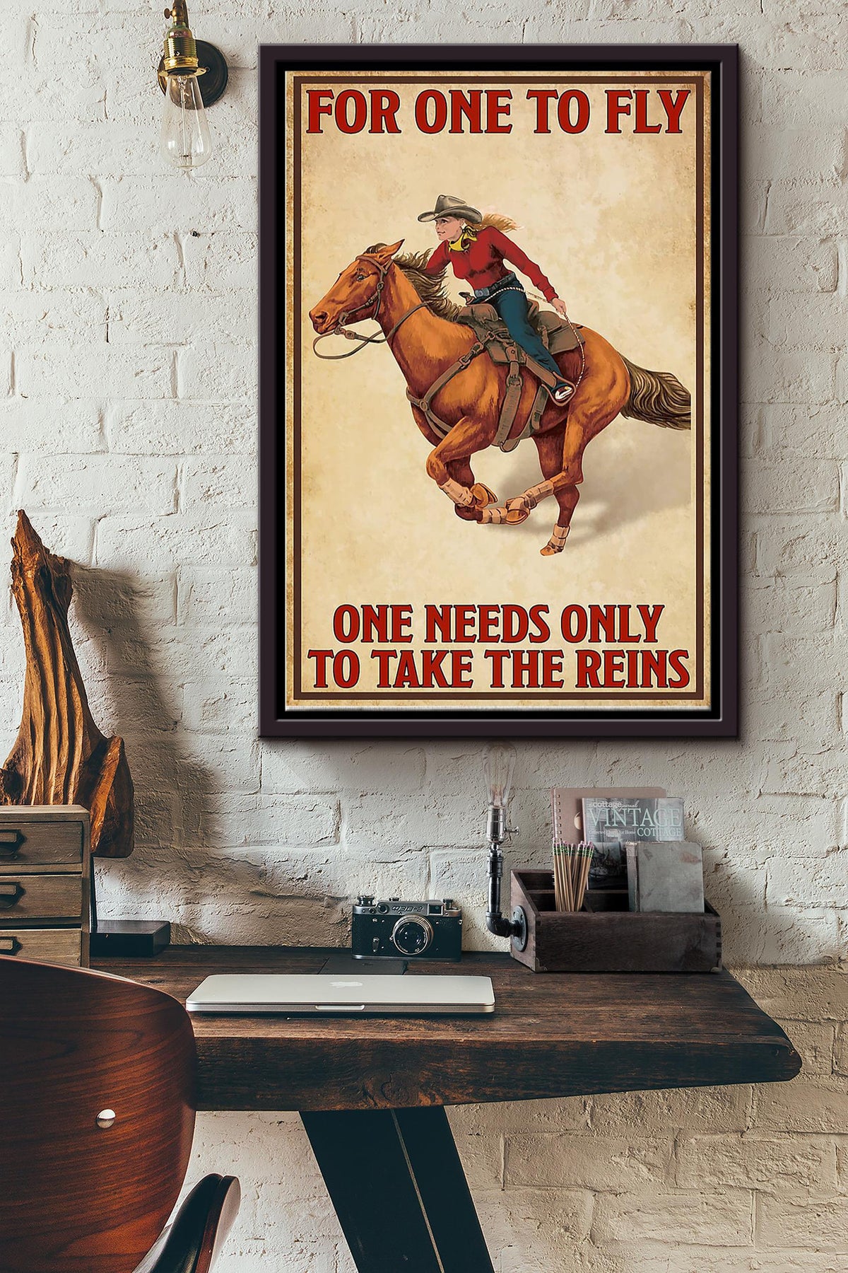 Cowgirl For One To Fly Poster - Animal Wall Art - Gift For Horse Lover Horse Rider Farmhouse Decor Framed Matte Canvas Framed Prints, Canvas