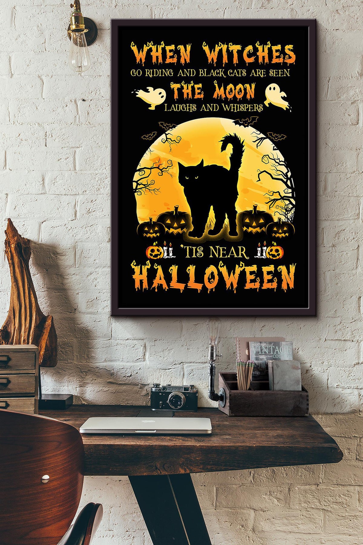 Halloween When Witches Go Riding And Black Cats Are Seen Animal Wall Art Gift For Cat Lover International Cat Day Kitten Foster Framed Canvas Framed Prints, Canvas