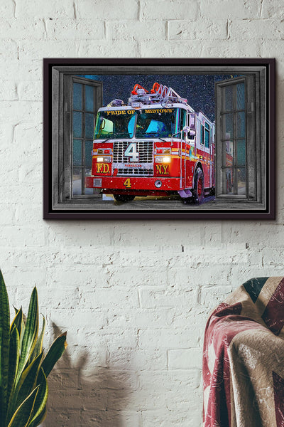 Fireighter Truck On The Way Window Poster n Framed Matte Canvas