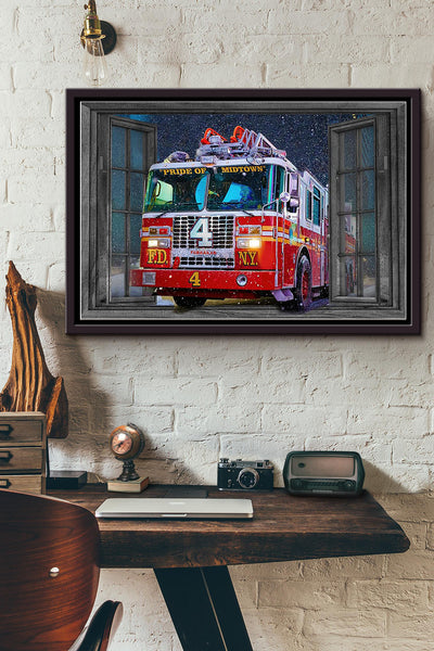 Fireighter Truck On The Way Window Poster n Framed Matte Canvas
