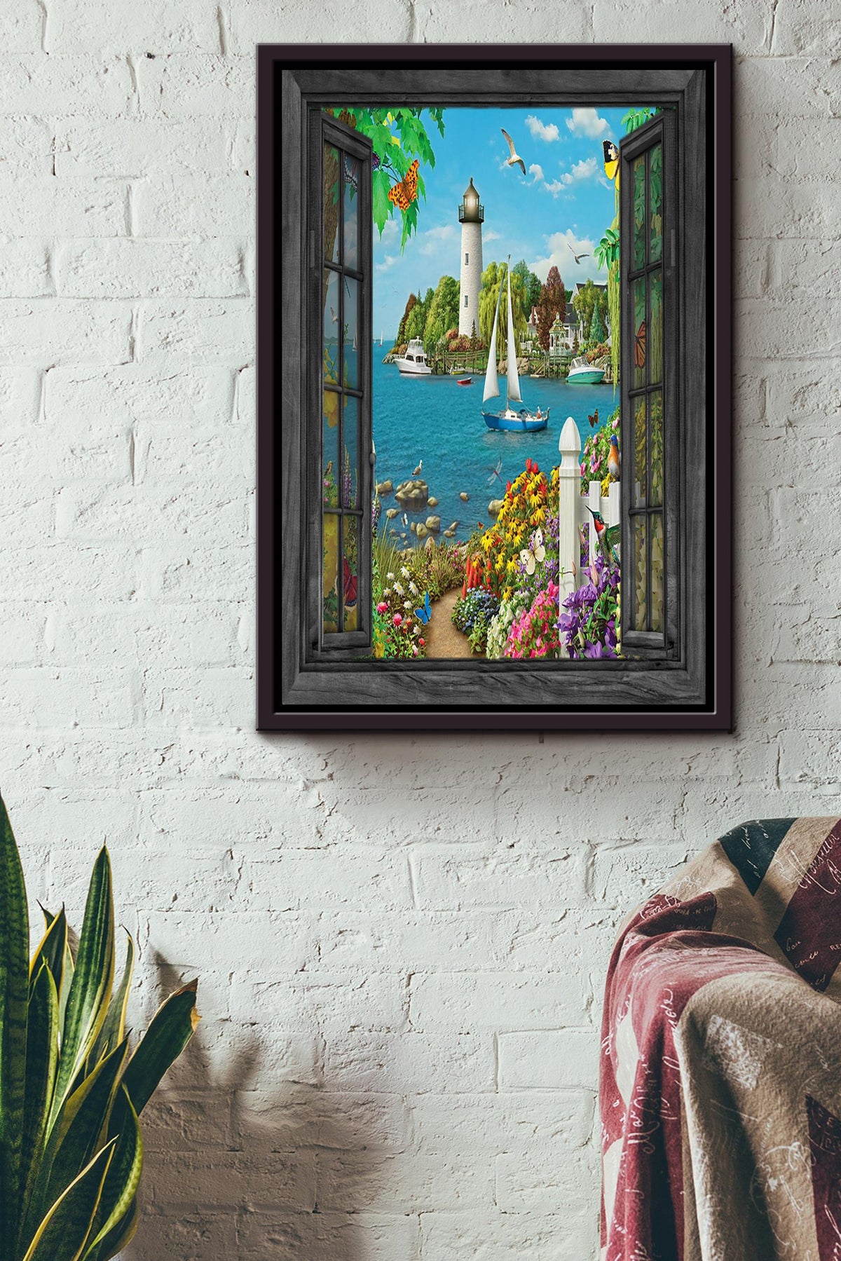 Lighthouse In Window View Travelling Wall Art Gift For Tourists Souvenir Framed Canvas Framed Prints, Canvas