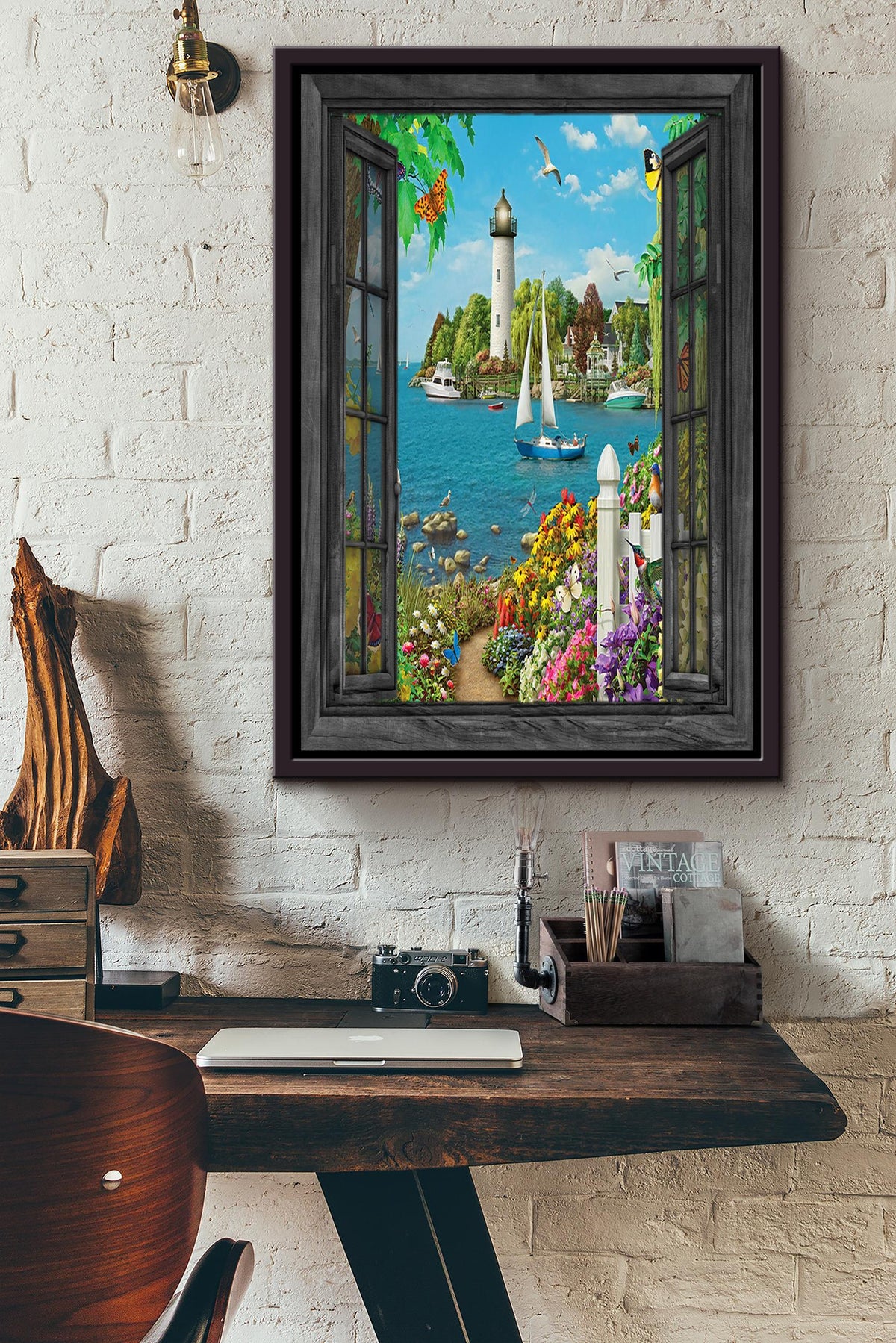 Lighthouse In Window View Travelling Wall Art Gift For Tourists Souvenir Framed Canvas Framed Prints, Canvas