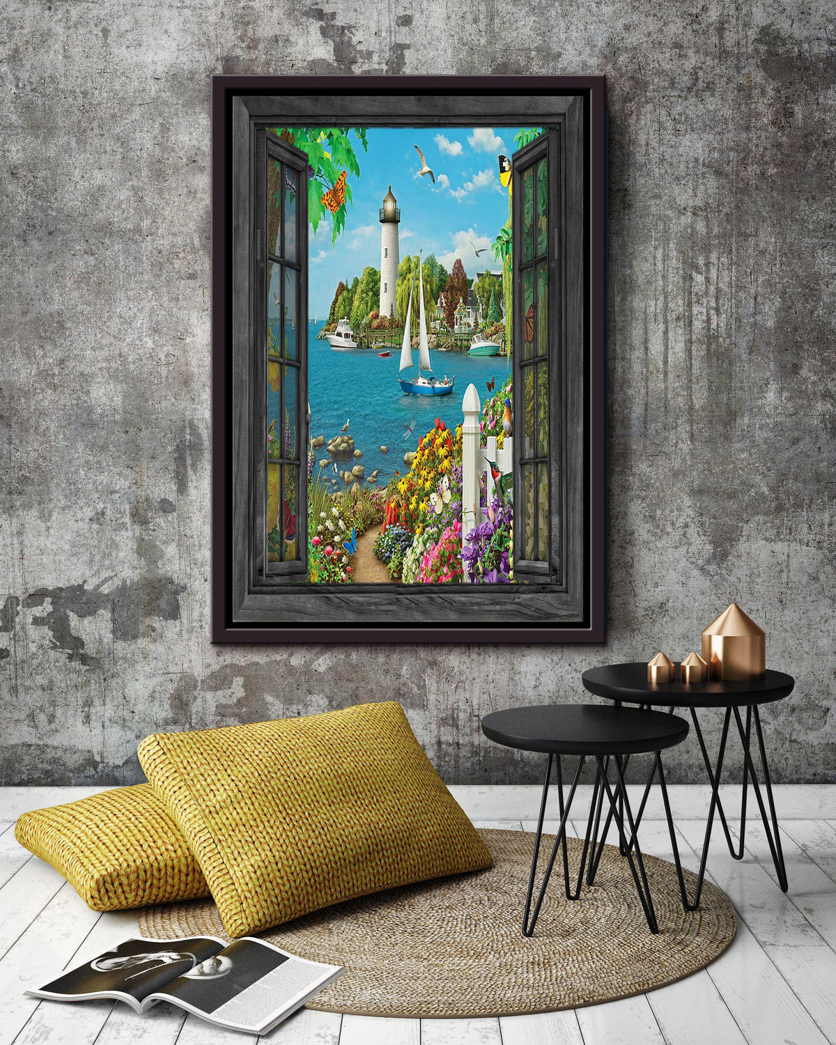 Lighthouse In Window View Travelling Wall Art Gift For Tourists Souvenir Framed Canvas Framed Prints, Canvas