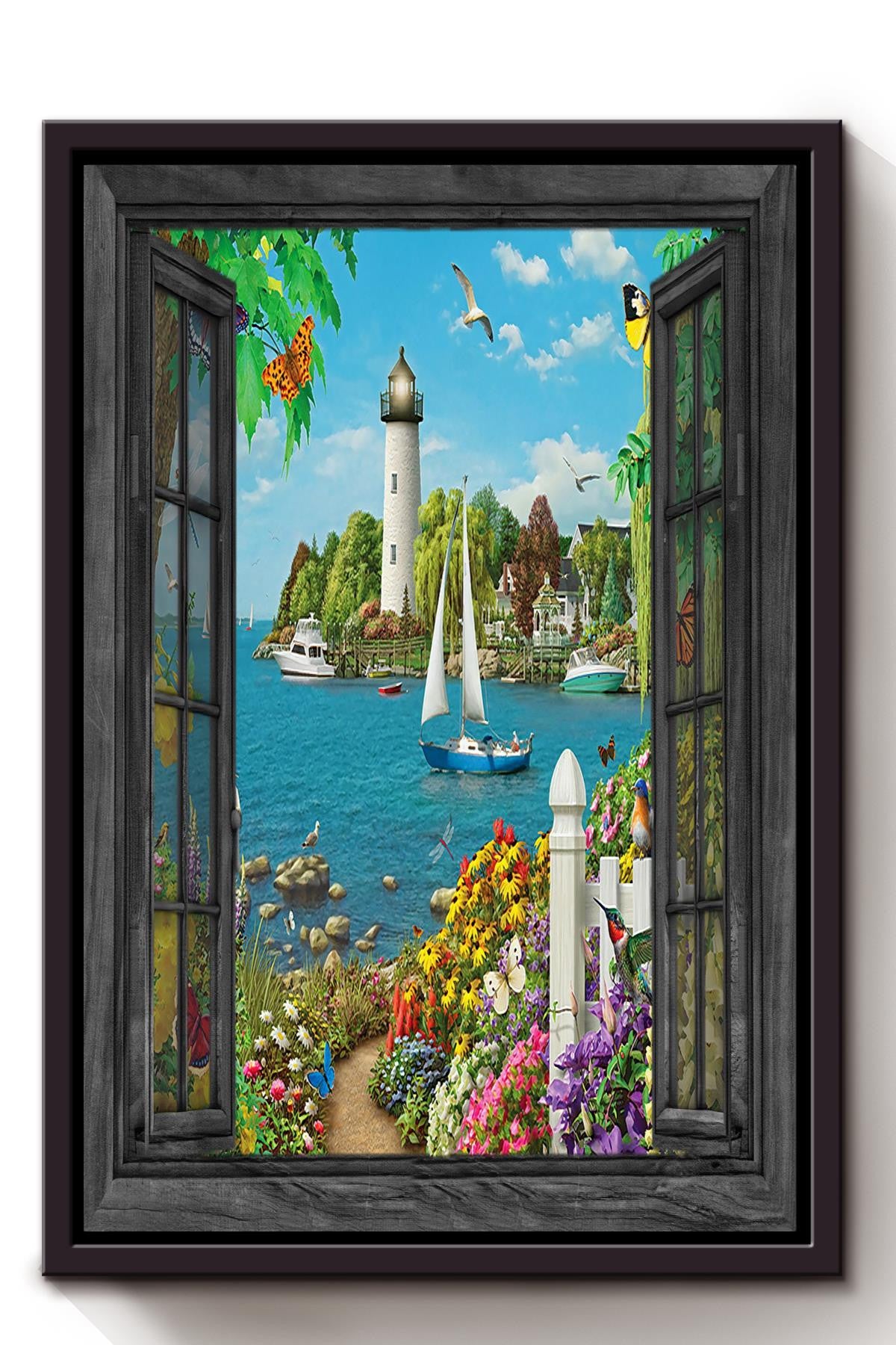 Lighthouse In Window View Travelling Wall Art Gift For Tourists Souvenir Framed Canvas Framed Prints, Canvas