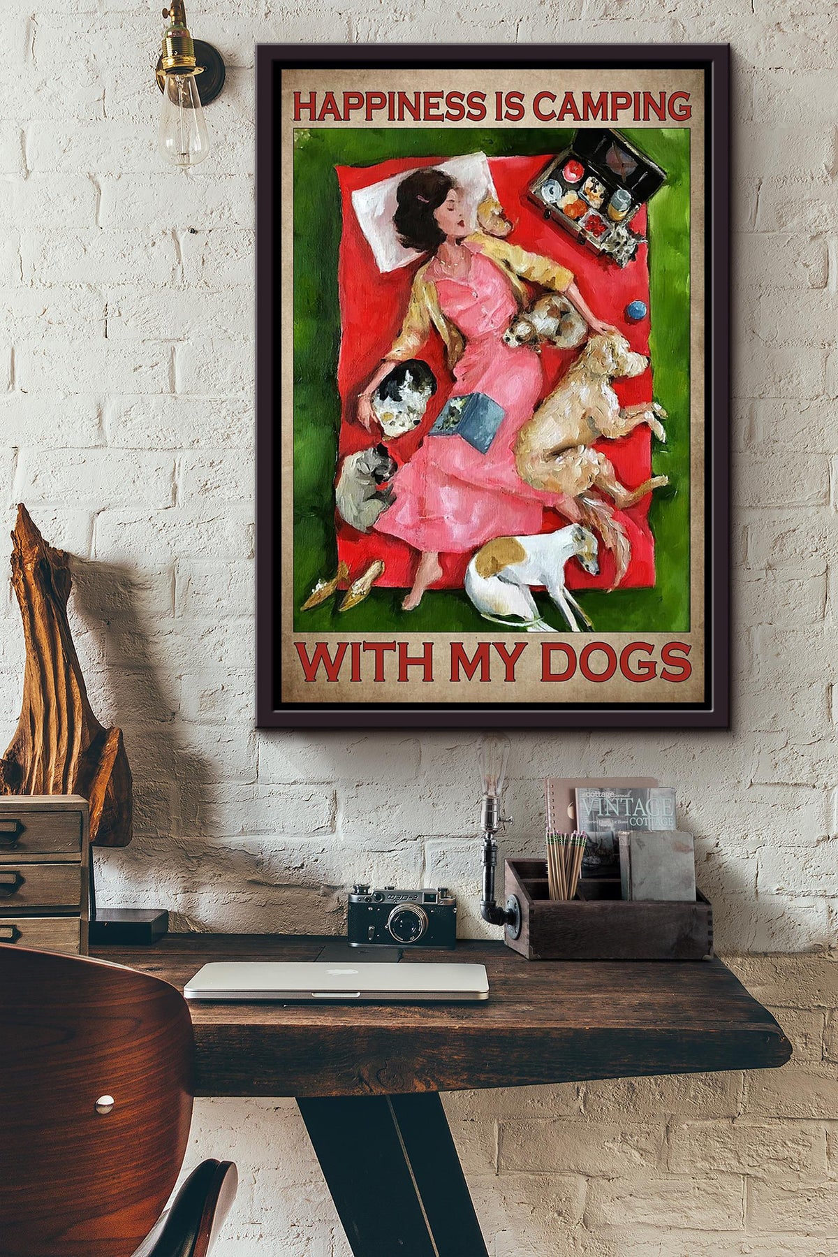 Camping With Dog Camping Wall Decor Gift For Farmhouse Camper Decor Camper Tourist Traveller Framed Canvas