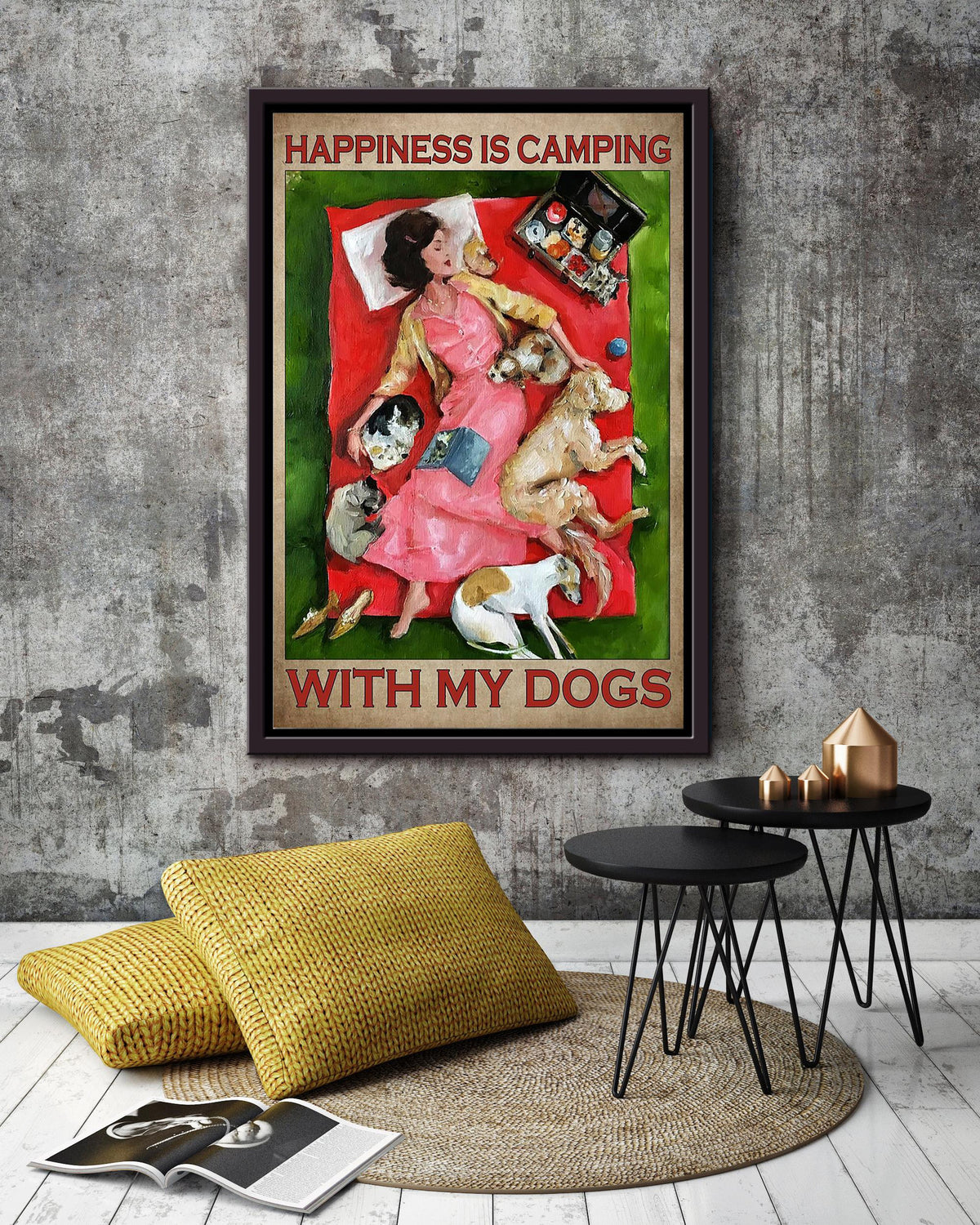 Camping With Dog Camping Wall Decor Gift For Farmhouse Camper Decor Camper Tourist Traveller Framed Canvas