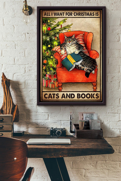 All I Want For Christmas Is Cat And Books Vintage Gift For Noel Cat Lover Cat Mom Framed Canvas
