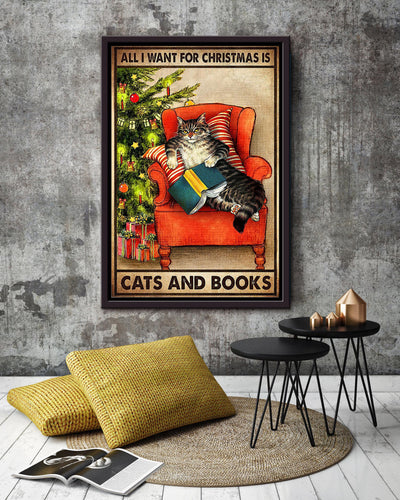 All I Want For Christmas Is Cat And Books Vintage Gift For Noel Cat Lover Cat Mom Framed Canvas