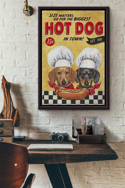 Go For The Biggesrt Hot Dog In Town Poster - Animal Wall Art - Gift For Dog Lover Dachshund Lover Dog Mom Home Decor Restaurant Decor Framed Matte Canvas Framed Prints, Canvas