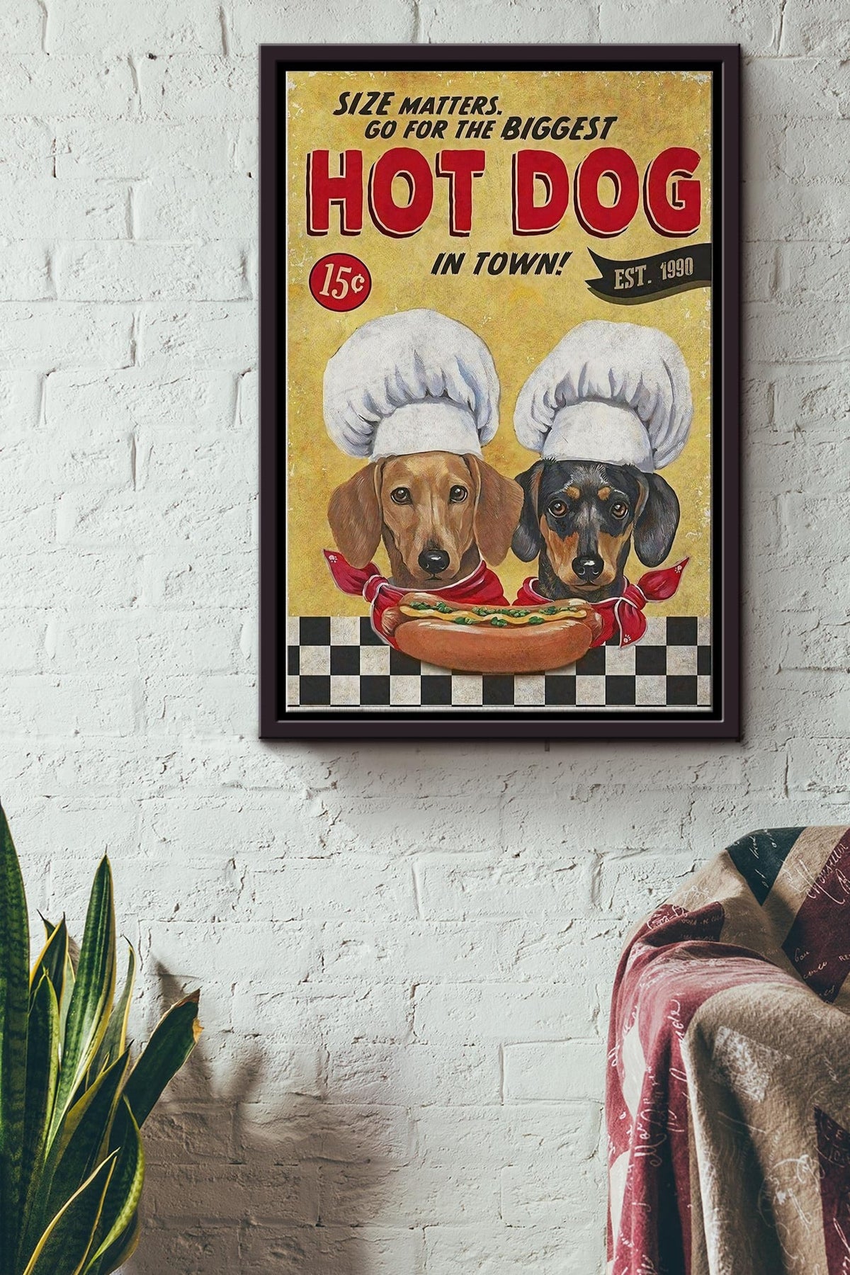 Go For The Biggesrt Hot Dog In Town Poster - Animal Wall Art - Gift For Dog Lover Dachshund Lover Dog Mom Home Decor Restaurant Decor Framed Matte Canvas Framed Prints, Canvas