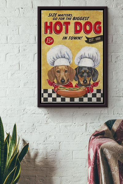 Go For The Biggesrt Hot Dog In Town Poster - Animal Wall Art - Gift For Dog Lover Dachshund Lover Dog Mom Home Decor Restaurant Decor Framed Matte Canvas Framed Prints, Canvas