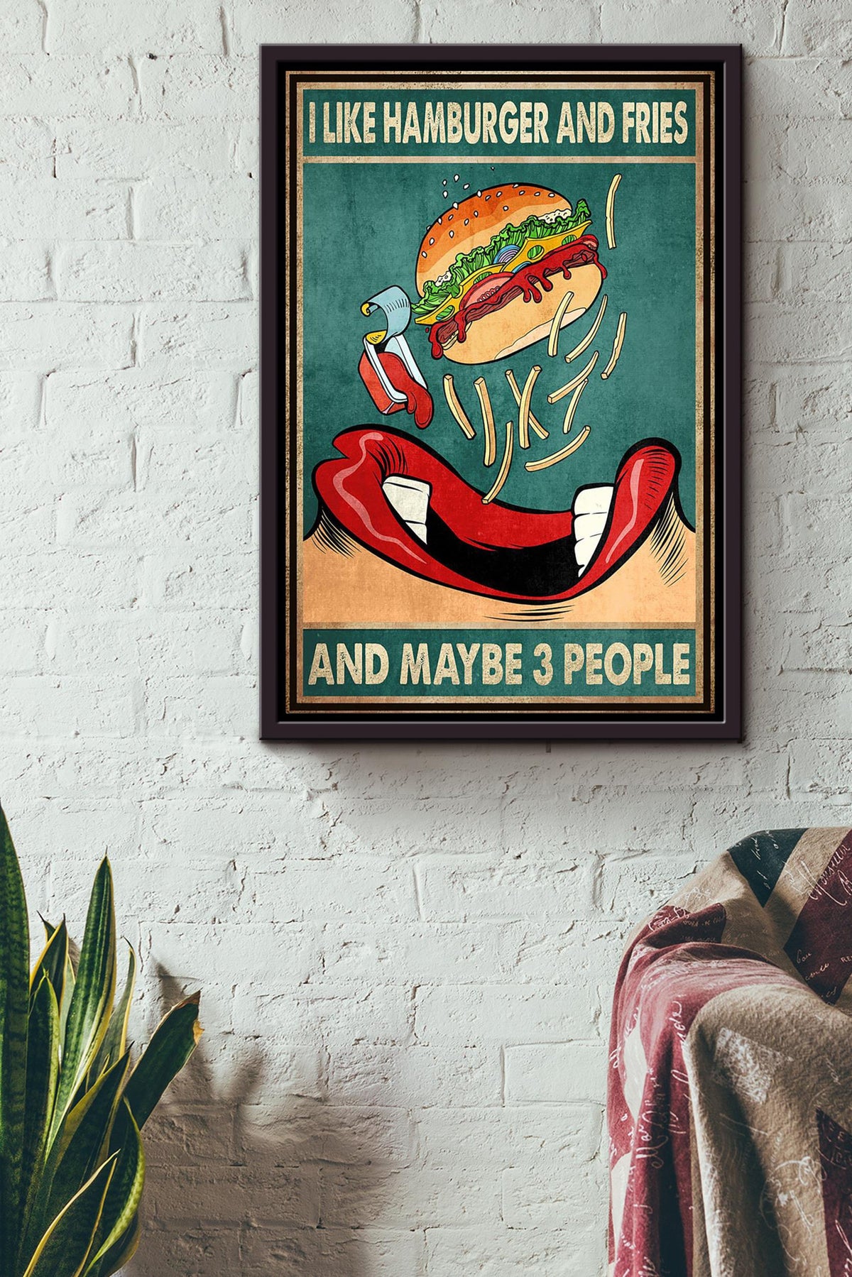 Hamburger And Fries Food Wall Art Gift For Kitchen Decor Kid Framed Canvas Framed Prints, Canvas