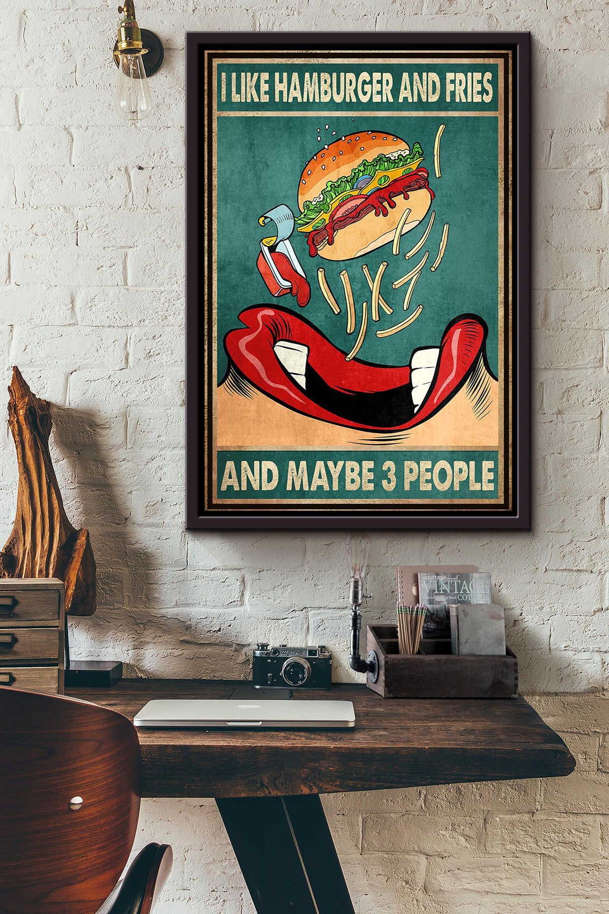 Hamburger And Fries Food Wall Art Gift For Kitchen Decor Kid Framed Canvas Framed Prints, Canvas