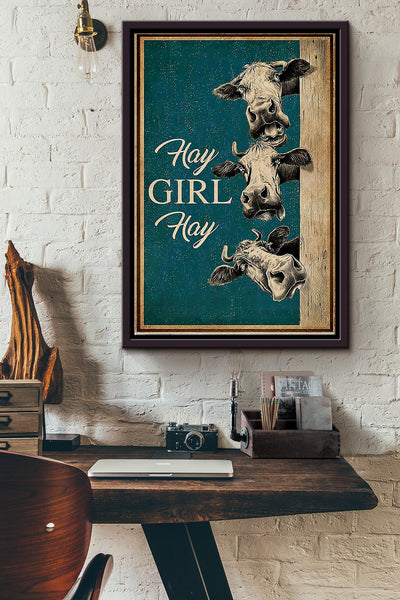 Hay Girl Hay Cow Art Poster Framed Matte Canvas