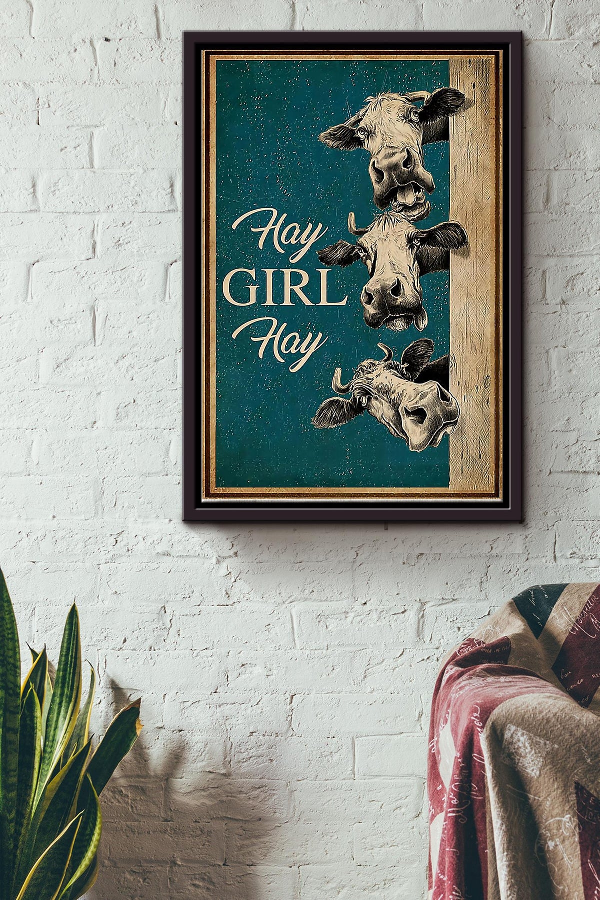 Hay Girl Hay Cow Art Poster Framed Matte Canvas