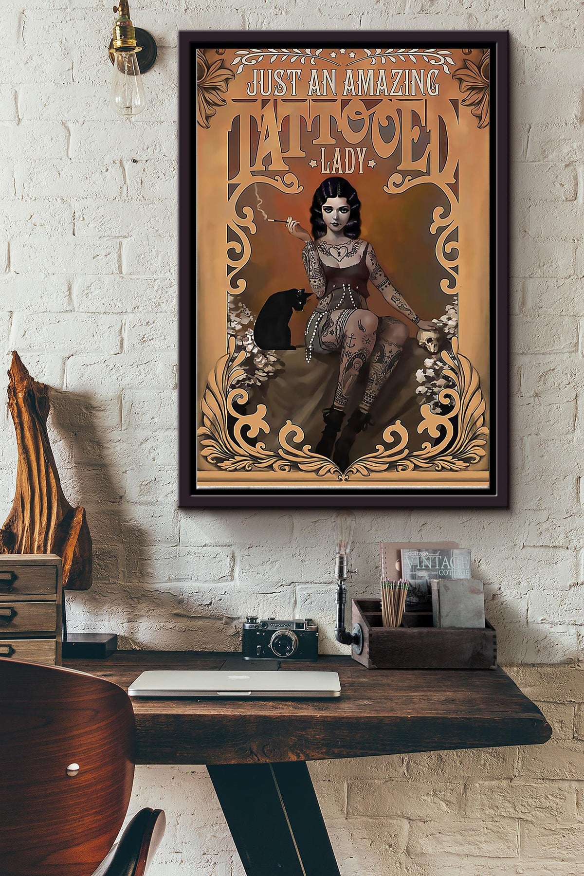 Just An Amazing Tattooed Lady Poster - Art Wall Art Canvas - For Tattoos Lover Emo Girl Edgy Girl Black Cat Lover Framed Matte Canvas Framed Prints, Canvas