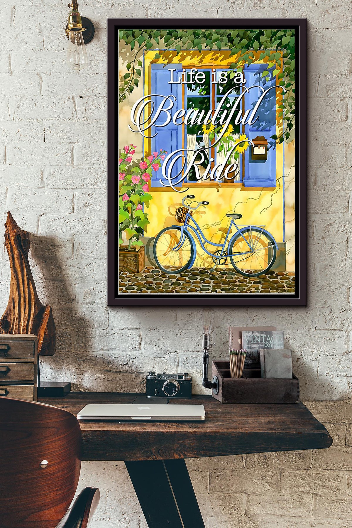 Life Is A Beautiful Ride Cycling Poster Framed Matte Canvas