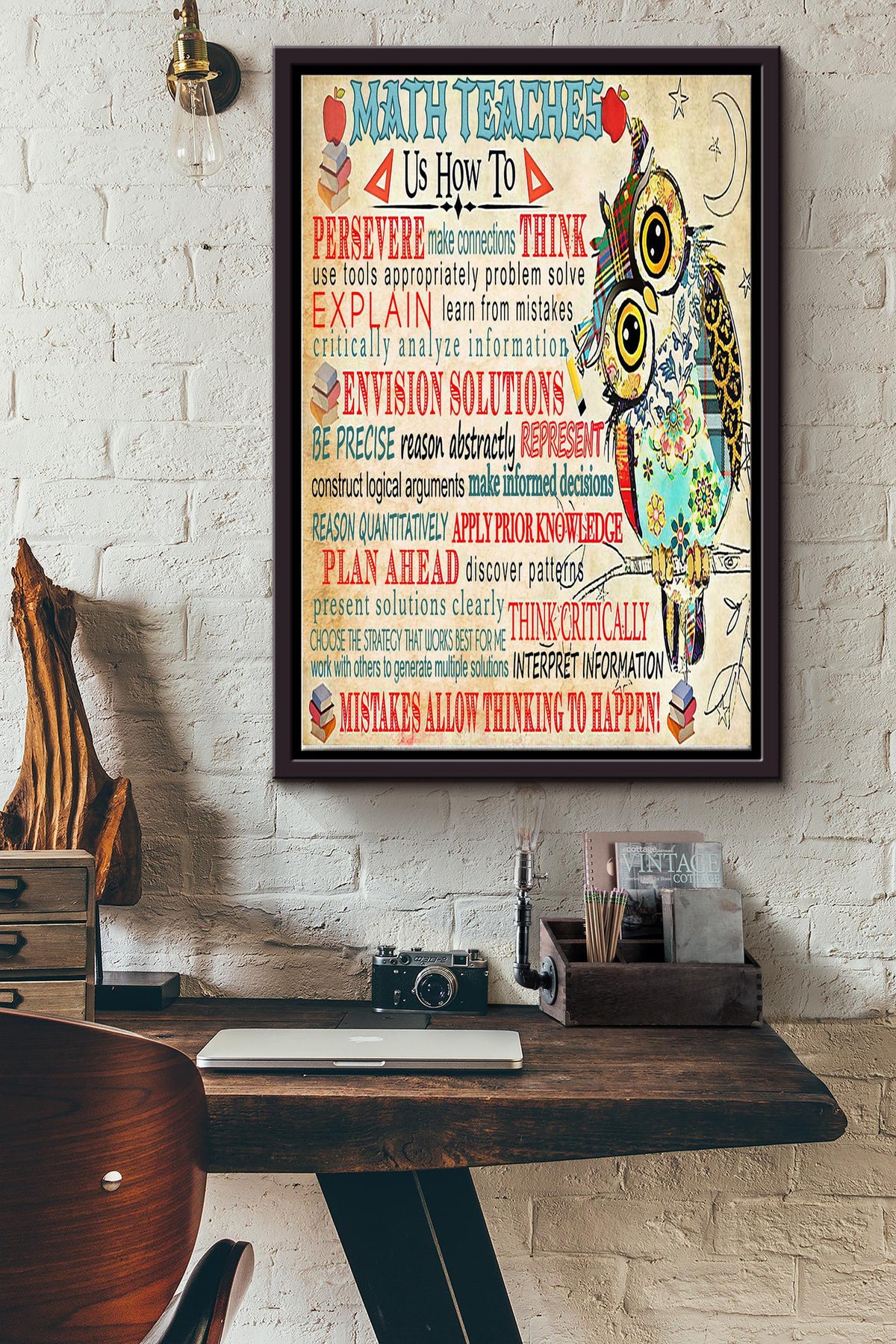 Math Teaches Us Poster - Decor Wall Art - Gift For Teacher Math Teacher Owl Lover Framed Matte Canvas Framed Prints, Canvas