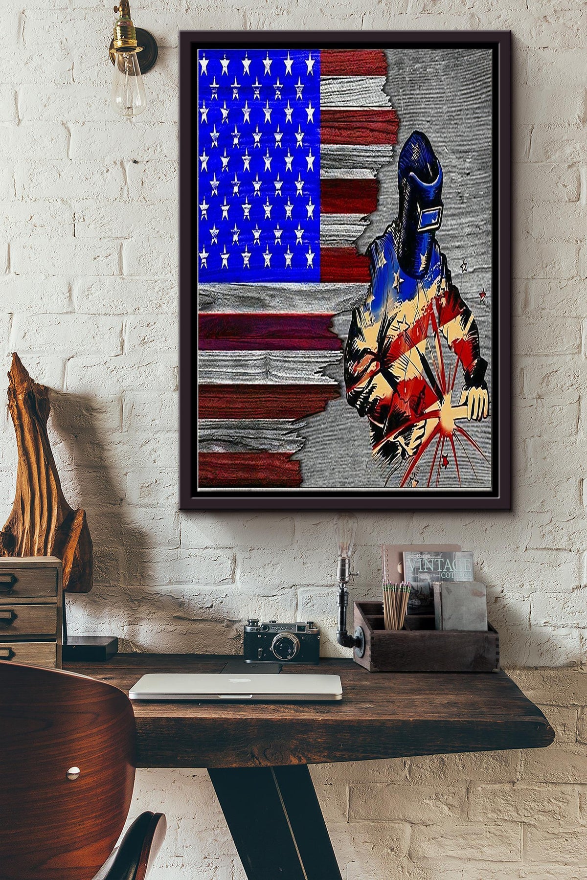 American Welder Poster - Welder Wall Art - Gift For American Welder Father Dad Fathers Day Framed Matte Canvas Framed Prints, Canvas