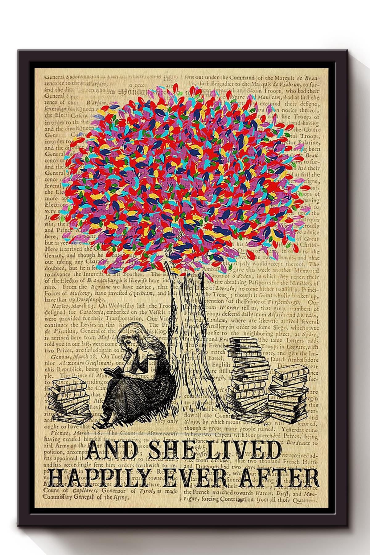 Girl Reading Book Under Tree Lived Happily Ever After Vintage Quote Gift For Girls Loves Book Framed Canvas