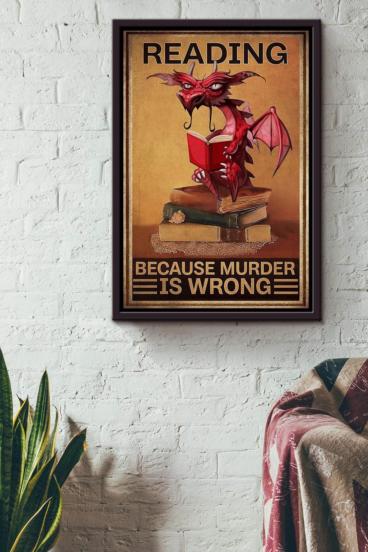 Dragon Funny Meme Reading Because Murder Is Wrong Gift For Bookworm Nerd Home Decor Framed Canvas