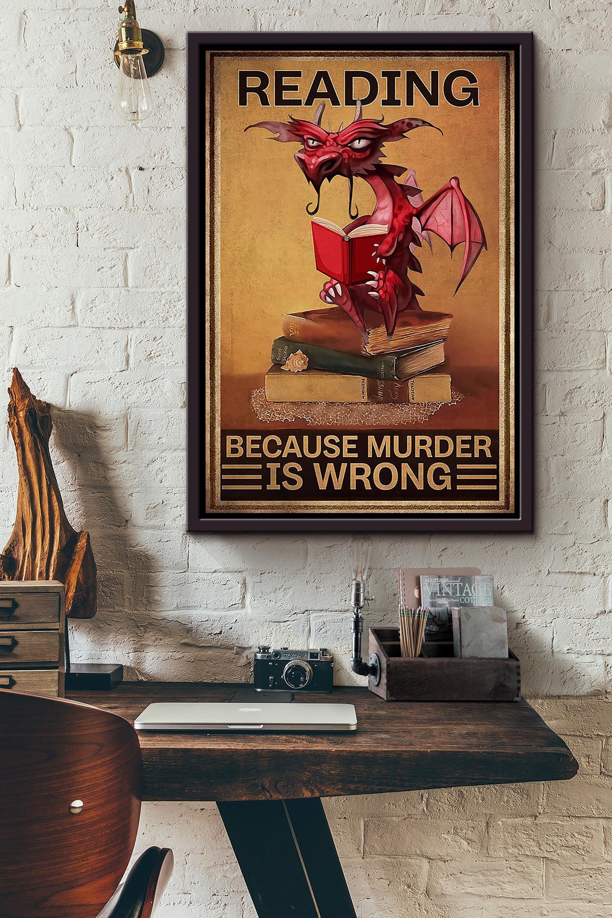 Dragon Funny Meme Reading Because Murder Is Wrong Gift For Bookworm Nerd Home Decor Framed Canvas