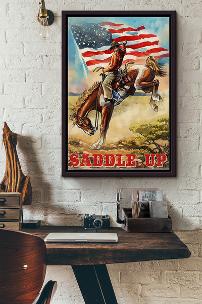Cowboy Saddle Up America Flag Poster Framed Matte Canvas