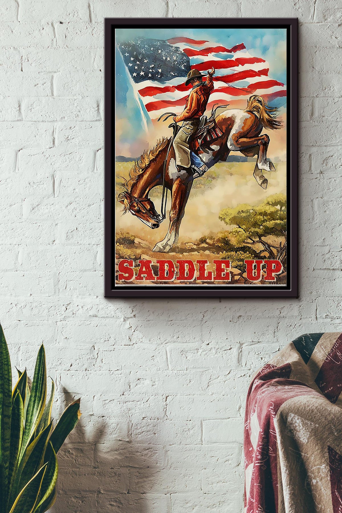 Cowboy Saddle Up America Flag Poster Framed Matte Canvas