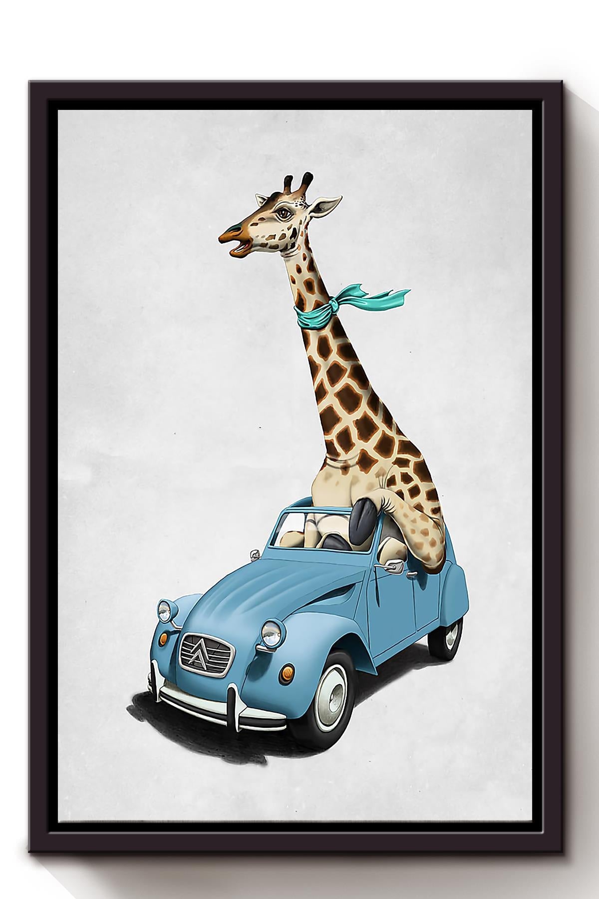 Giraffe Car Animal Wall Art For House Decor Housewarming Framed Matte Canvas Framed Prints, Canvas