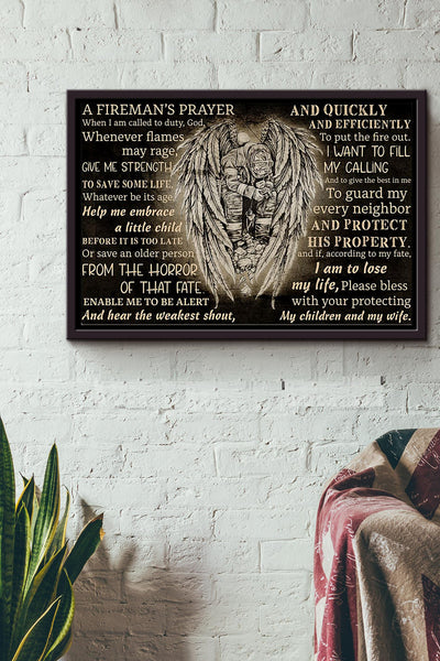 Firefighter Angel Blessing A Firemans Prayer Poster n Framed Matte Canvas