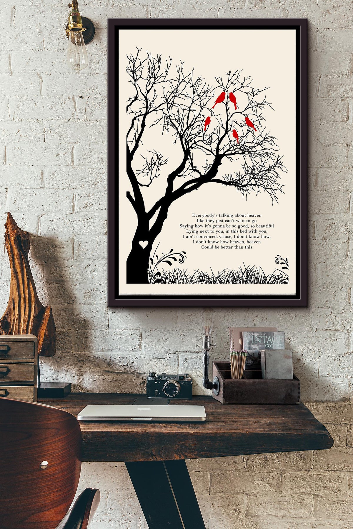 Kane Brown Heaven Lyric Winter Tree Birds Poster Framed Matte Canvas