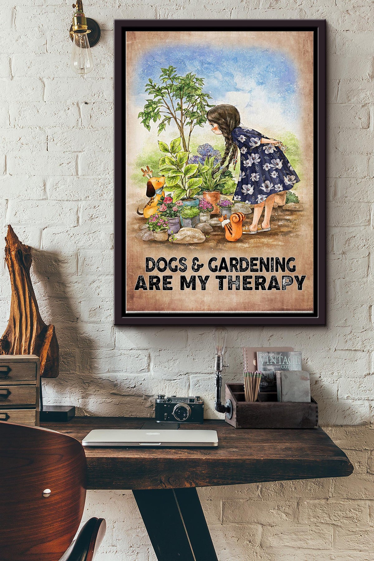 Dog And Gardening Are My Therapy Poster - Decor Wall Art - Gift For Gardener Dog Lover Gardening Lover Therapist Framed Matte Canvas Framed Prints, Canvas