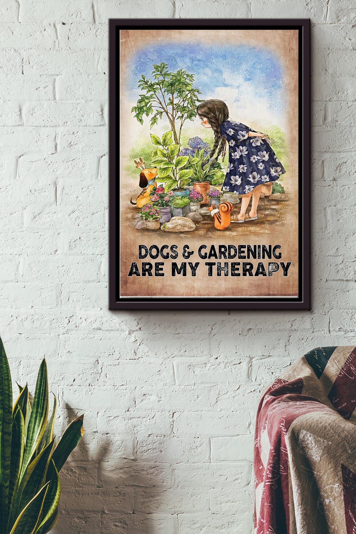 Dog And Gardening Are My Therapy Poster - Decor Wall Art - Gift For Gardener Dog Lover Gardening Lover Therapist Framed Matte Canvas Framed Prints, Canvas