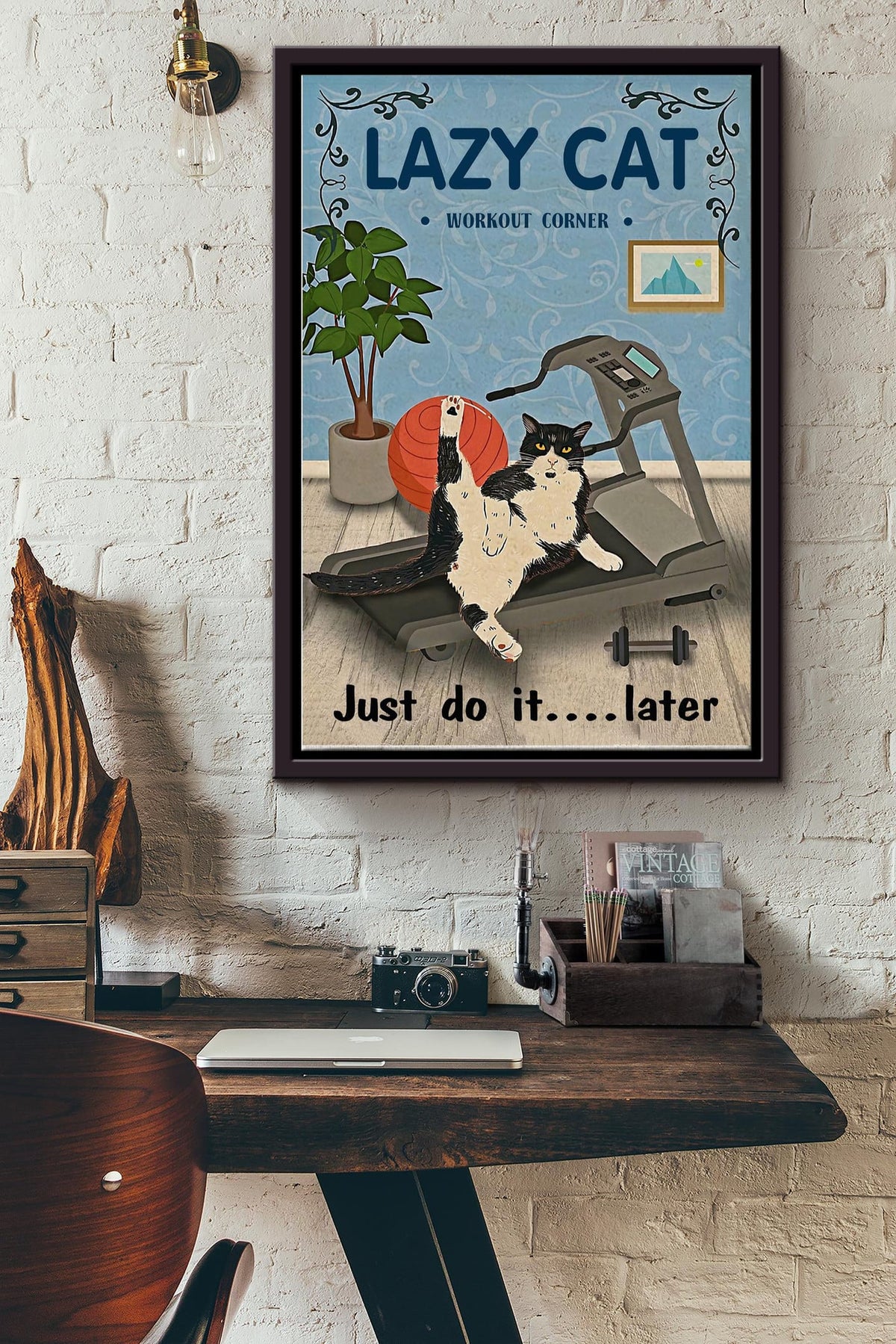 Lazy Cat Workout Cat Lover Print Canvas Wall Art Poster Anniversary Birthday Christmas Housewarming Gift Home Framed Matte Canvas Framed Prints, Canvas