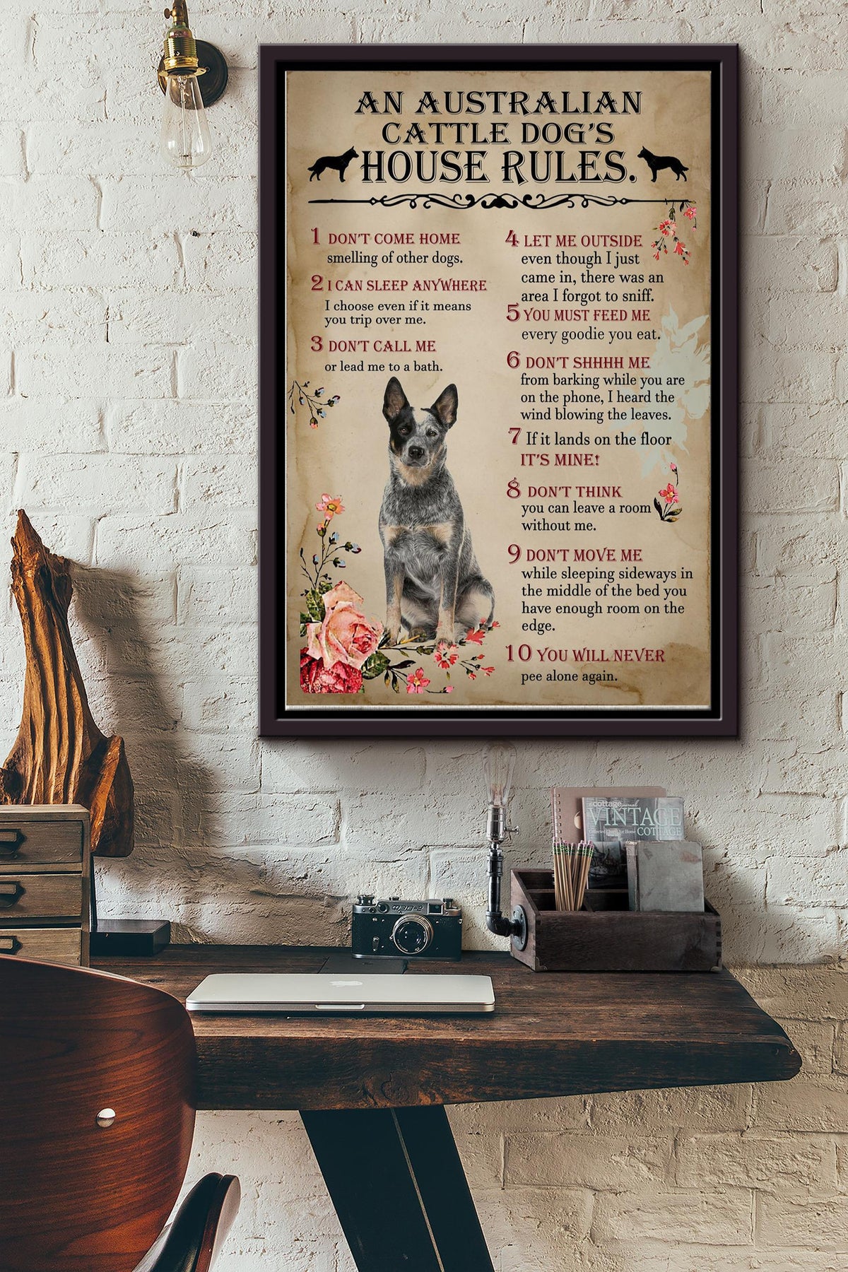 Australian Cattle Dogs House Rules Poster - Animal Wall Art - Gift For Dog Lover Dog Mom Dog Dad Animal Lover House Rules Framed Matte Canvas Framed Prints, Canvas