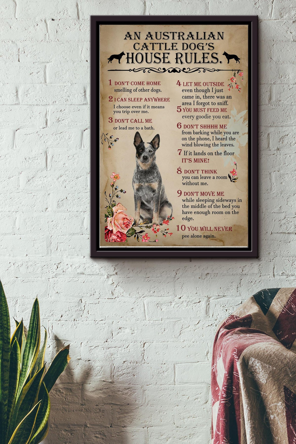 Australian Cattle Dogs House Rules Poster - Animal Wall Art - Gift For Dog Lover Dog Mom Dog Dad Animal Lover House Rules Framed Matte Canvas Framed Prints, Canvas