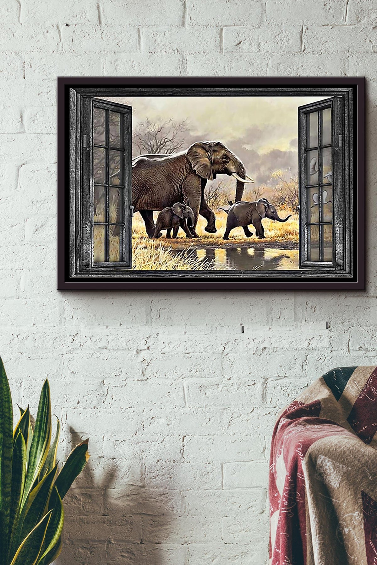 Elephant Family Through The Window n Framed Matte Canvas