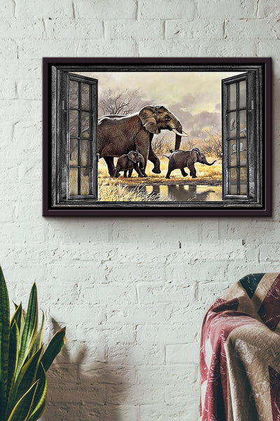Elephant Family Through The Window n Framed Matte Canvas
