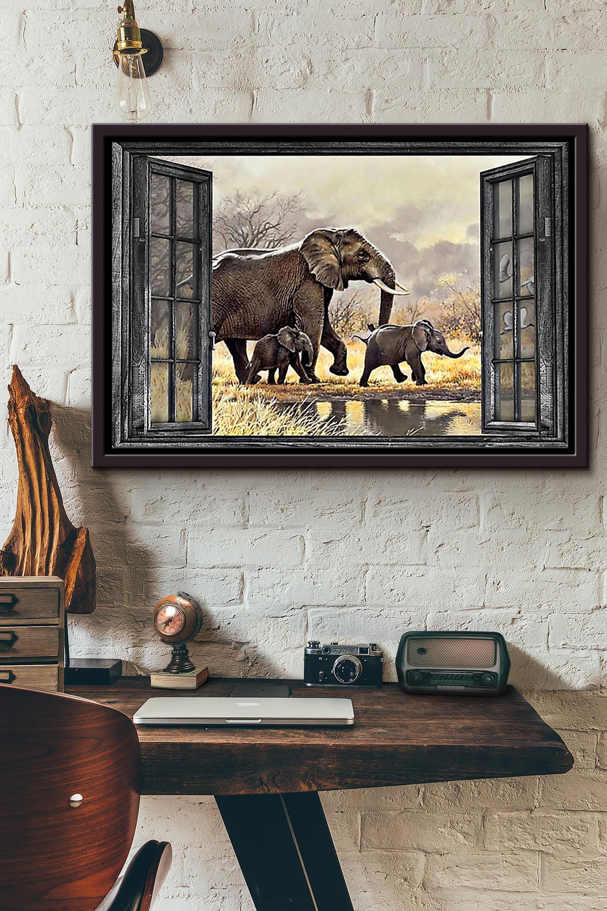 Elephant Family Through The Window n Framed Matte Canvas