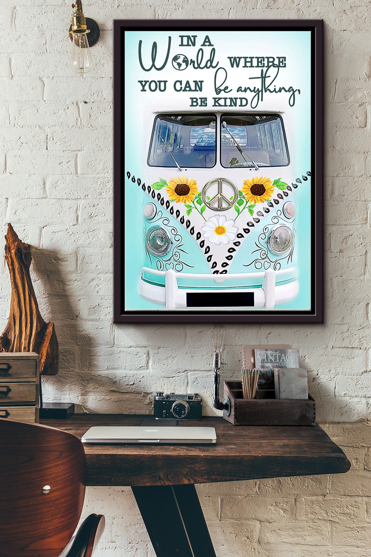 In A World Where You Can Be Anything Be Kind Poster - Hippie Wall Art - Gift For Hippie Girl Traveling Lover Flowers Lover Framed Matte Canvas Framed Prints, Canvas