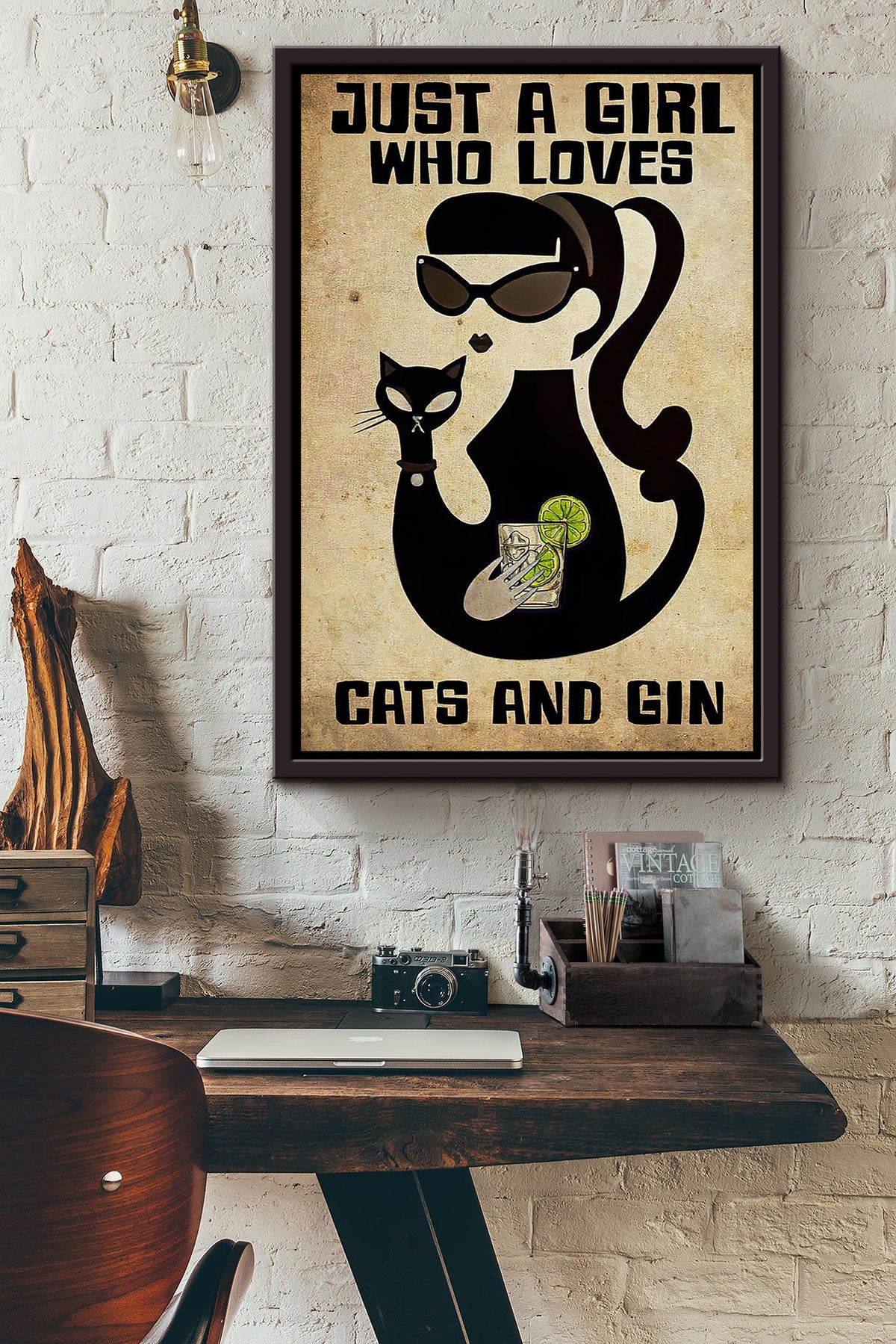 Just A Girl Who Loves Cats And Gin Animal Wall Art Gift For Cat Lover International Cat Day Kitten Foster Wine Lover Framed Canvas Framed Prints, Canvas