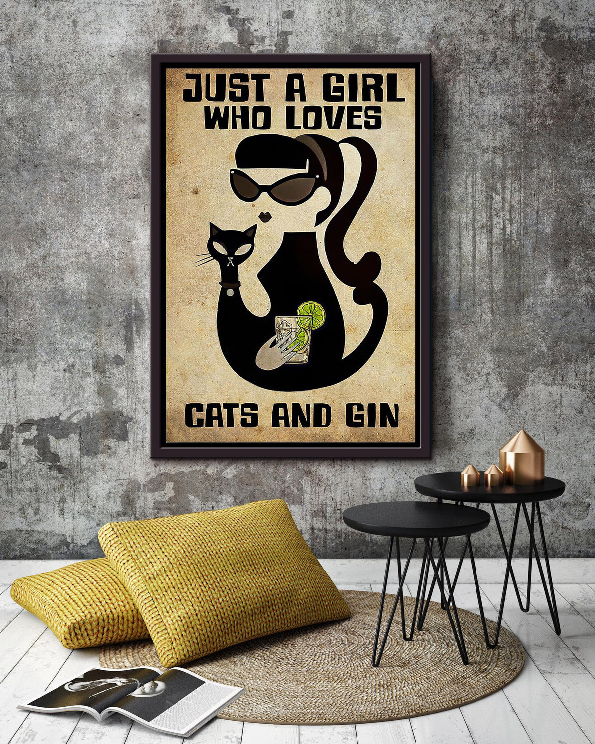 Just A Girl Who Loves Cats And Gin Animal Wall Art Gift For Cat Lover International Cat Day Kitten Foster Wine Lover Framed Canvas Framed Prints, Canvas