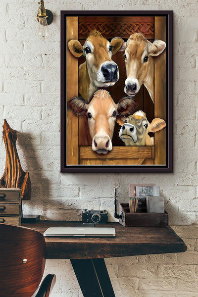 Cow Family Art Poster Framed Matte Canvas